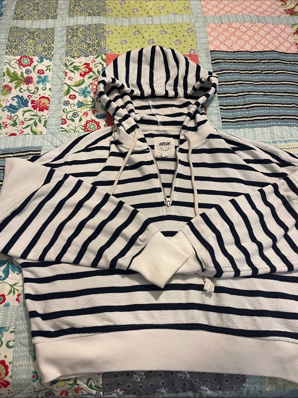 aerie White & Navy Striped Half-Zip Hoodie